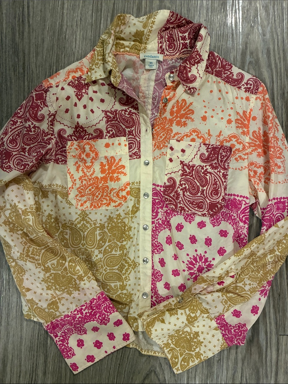 Sundance Patchwork Paisley Button-Front Shirt - Cream, Pink, Orange, Gold